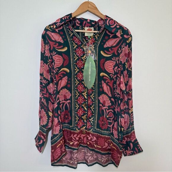 Farm Rio Seashell Tapestry Teal Buttoned Shirt-Blouse Size Medium New With Tags - Picture 4 of 13